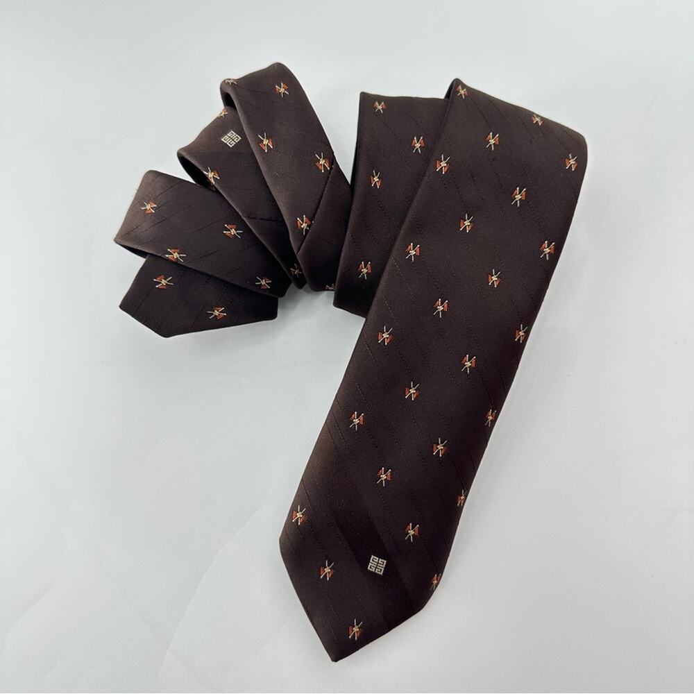 Vintage Givenchy Brown Red Flags Logo Polyester Tie